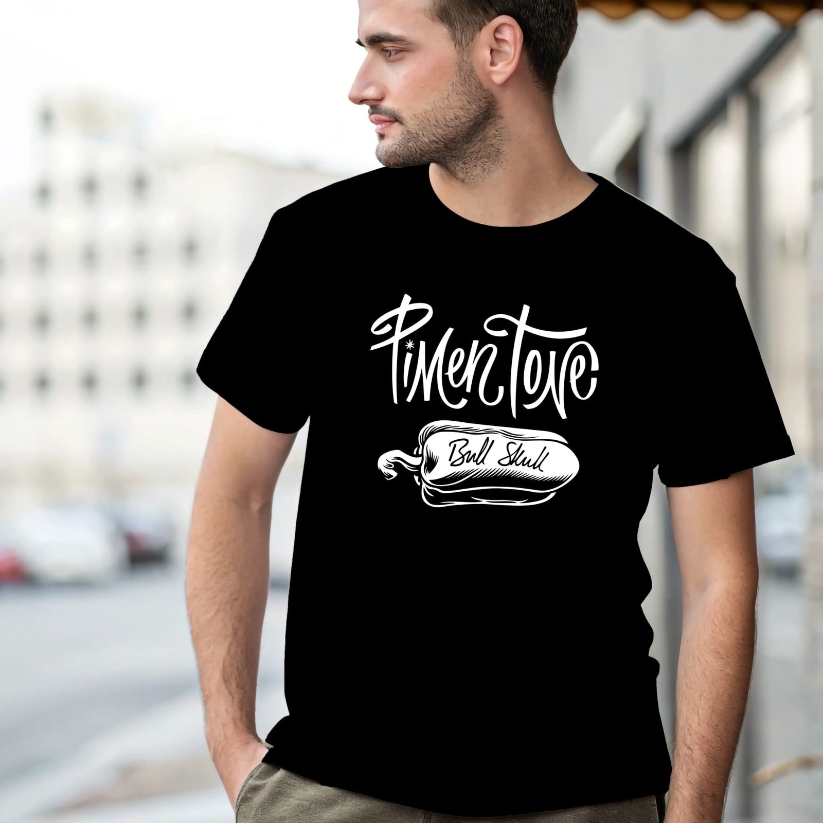 Camiseta Pimentone de Bull Skull Guitars, negra con estampado Pimentone